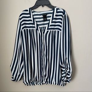 New Directions Blue and White Button Down Blouse- Large